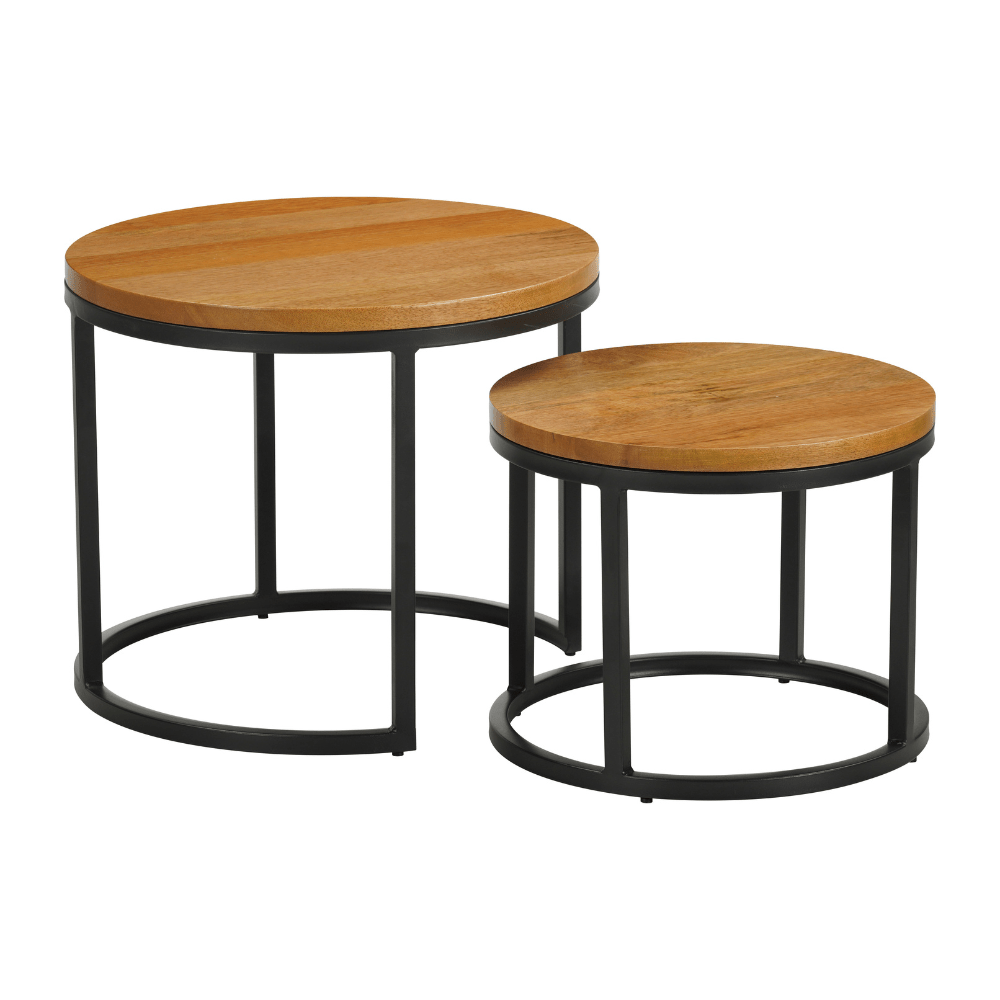 Couchtische-Set aus 2 runden Couchtischen natur Mangoholz - industriell - Rosy-Dimehouse