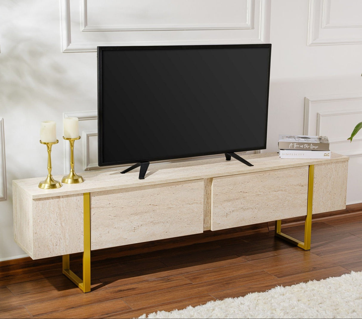 TV Möbel Beige Melamin Fouden Rahmen Blitz 50x180x29,5 cm