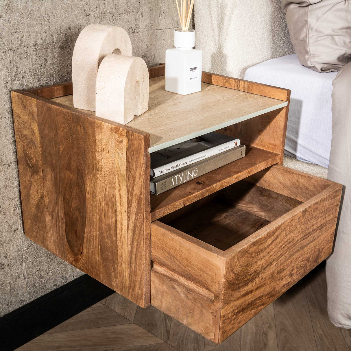 Orto Hängender Nachttisch 1 Schublade 1 Fach Mangoholz Keramik