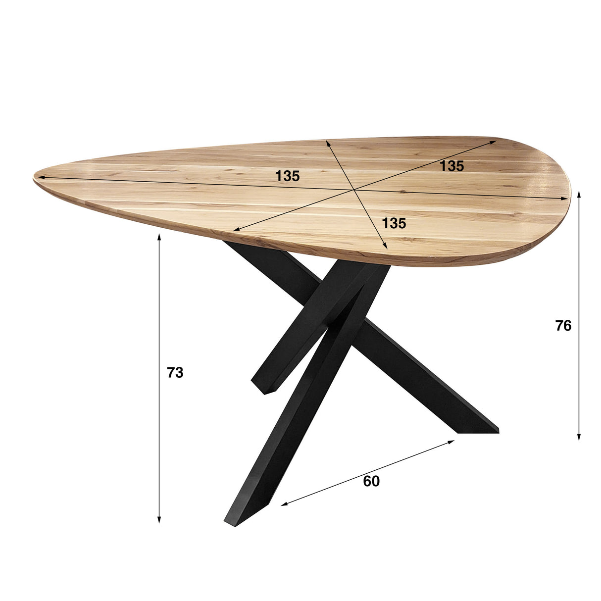 Dreieckiger Esstisch aus massivem Akazienholz 135 cm