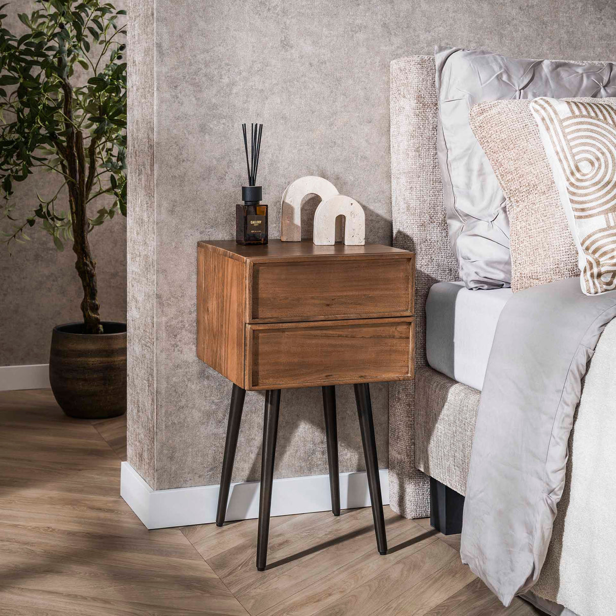 Nachttisch Lio – Acacia Drift Brown – 2 Schubladen