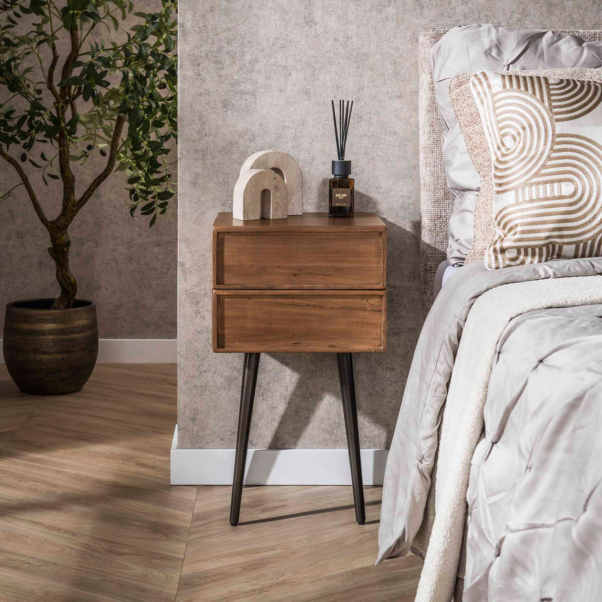 Nachttisch Lio – Acacia Drift Brown – 2 Schubladen