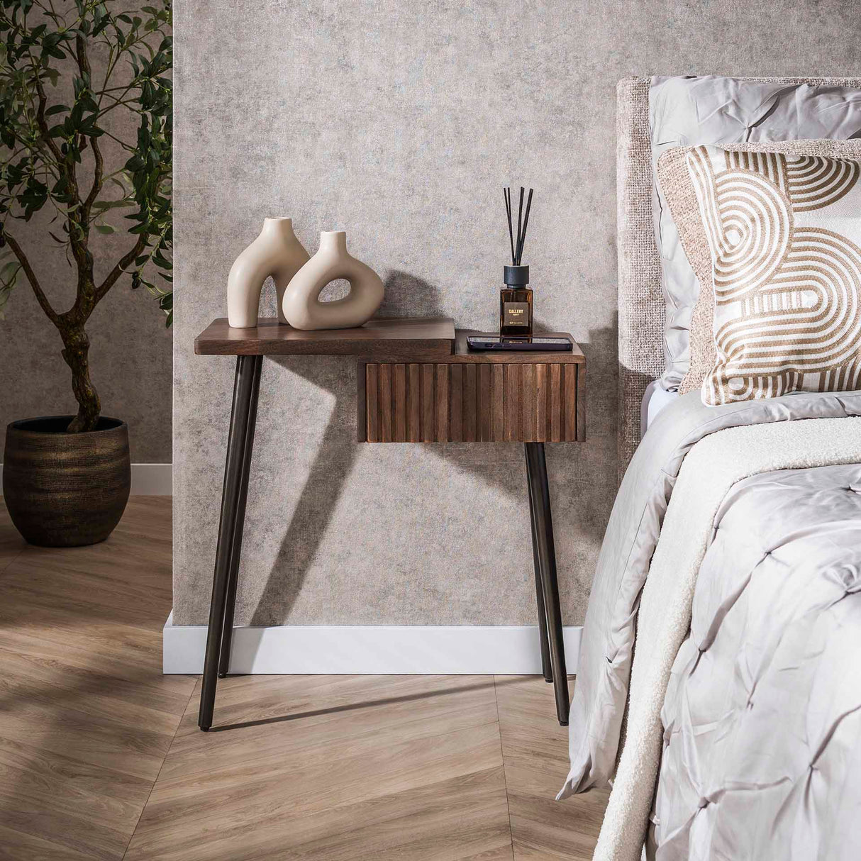 Nachttisch Jax Links - Akazienholz Drift Brown - 1 Schublade