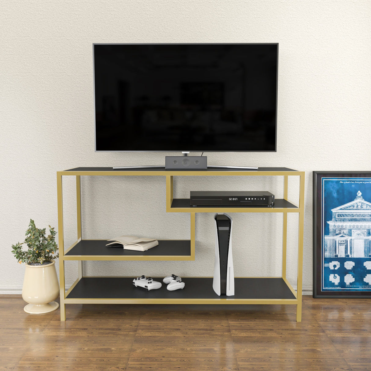 TV-Möbel Robbins Gold -Gold -Anthrazit -Melamin 120x75x39 cm
