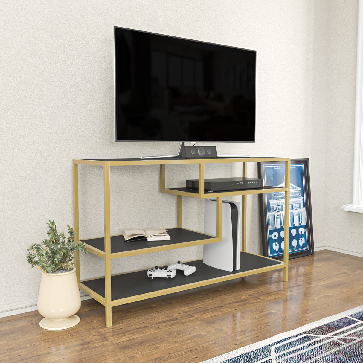 TV-Möbel Robbins Gold -Gold -Anthrazit -Melamin 120x75x39 cm