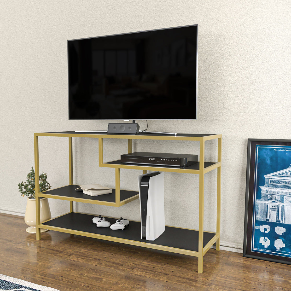 TV-Möbel Robbins Gold -Gold -Anthrazit -Melamin 120x75x39 cm