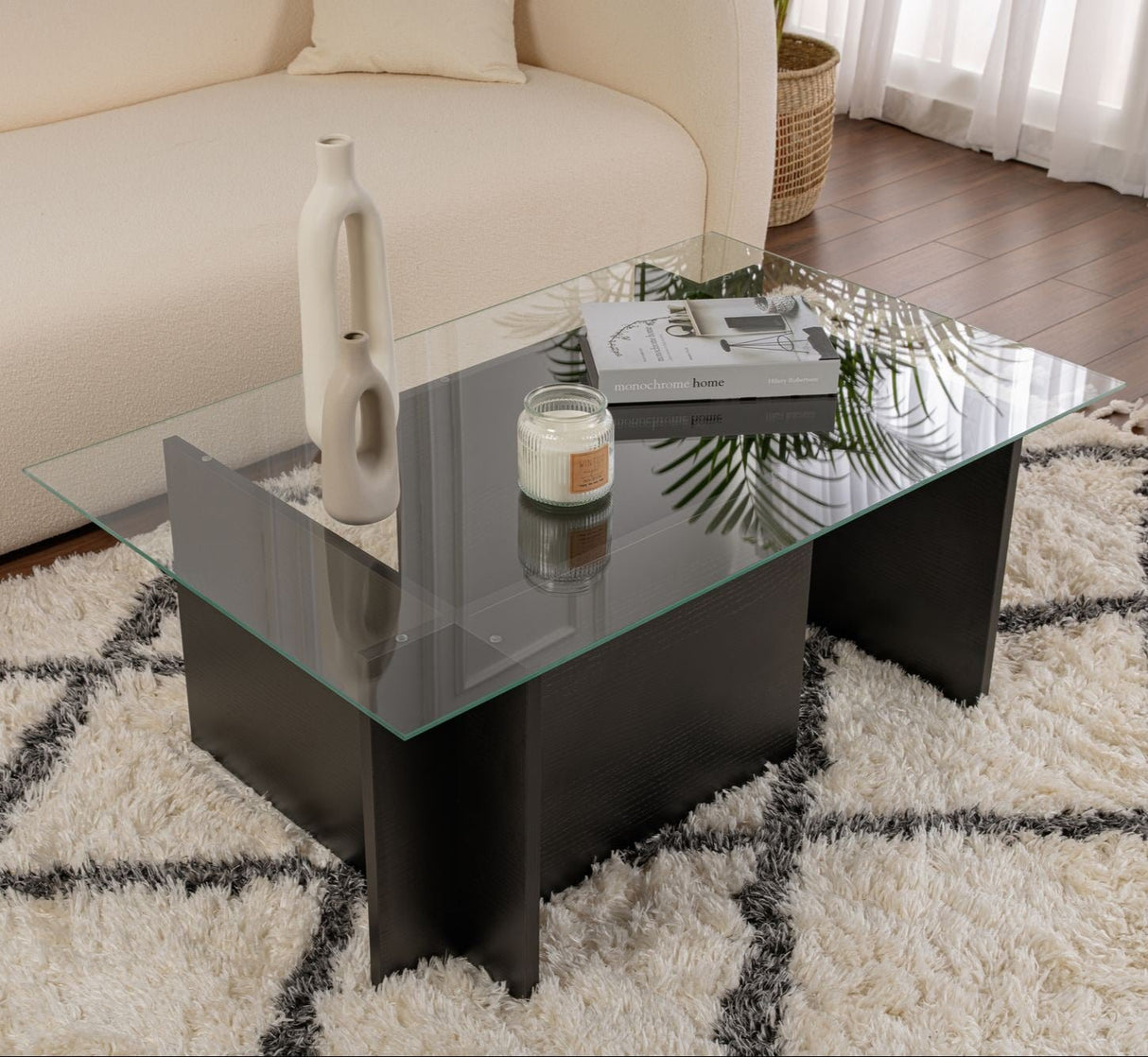 Rechteckiger Moderner Couchtisch Vetroni Schwarz Holzoptik - Glas - 105x65 cm