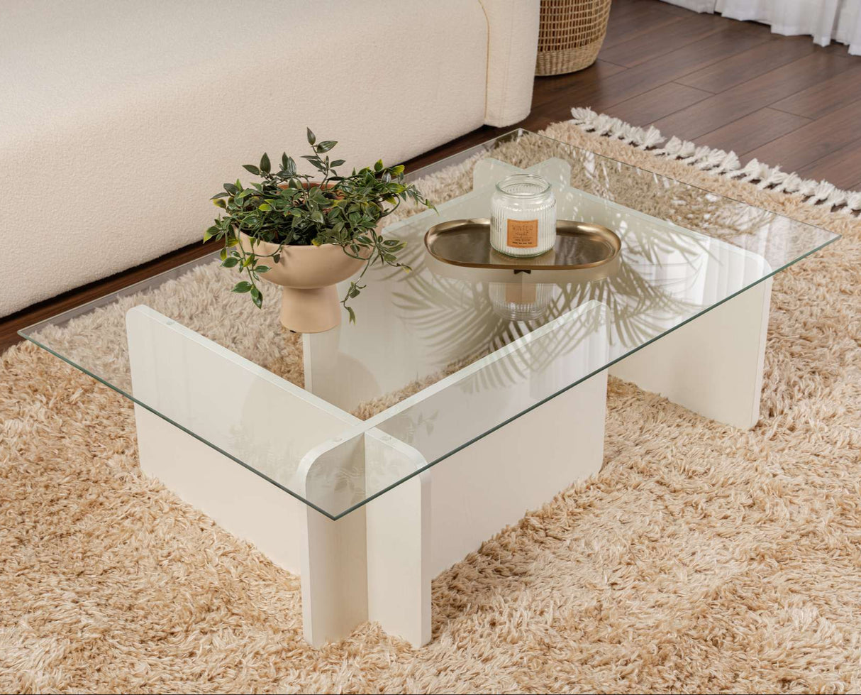 Couchtisch Weiß Melamin Glas Opal 105x65x30 cm