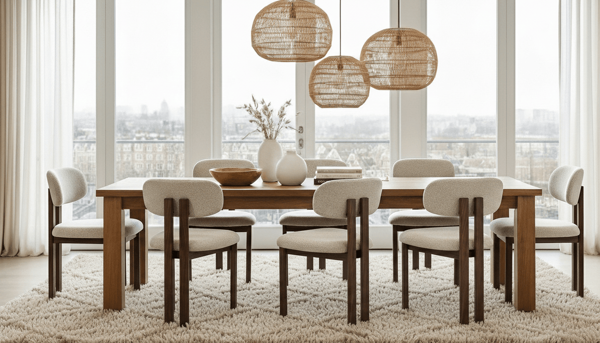 Japandi Esszimmerstuhl Miyo Bouclé Sandfarbe - Eichenlook Rahmen