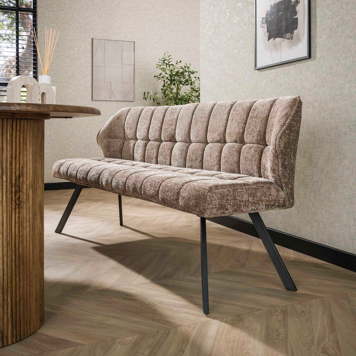 Esszimmerbank Lino Chenille Stoff Rich Champagne Kariert