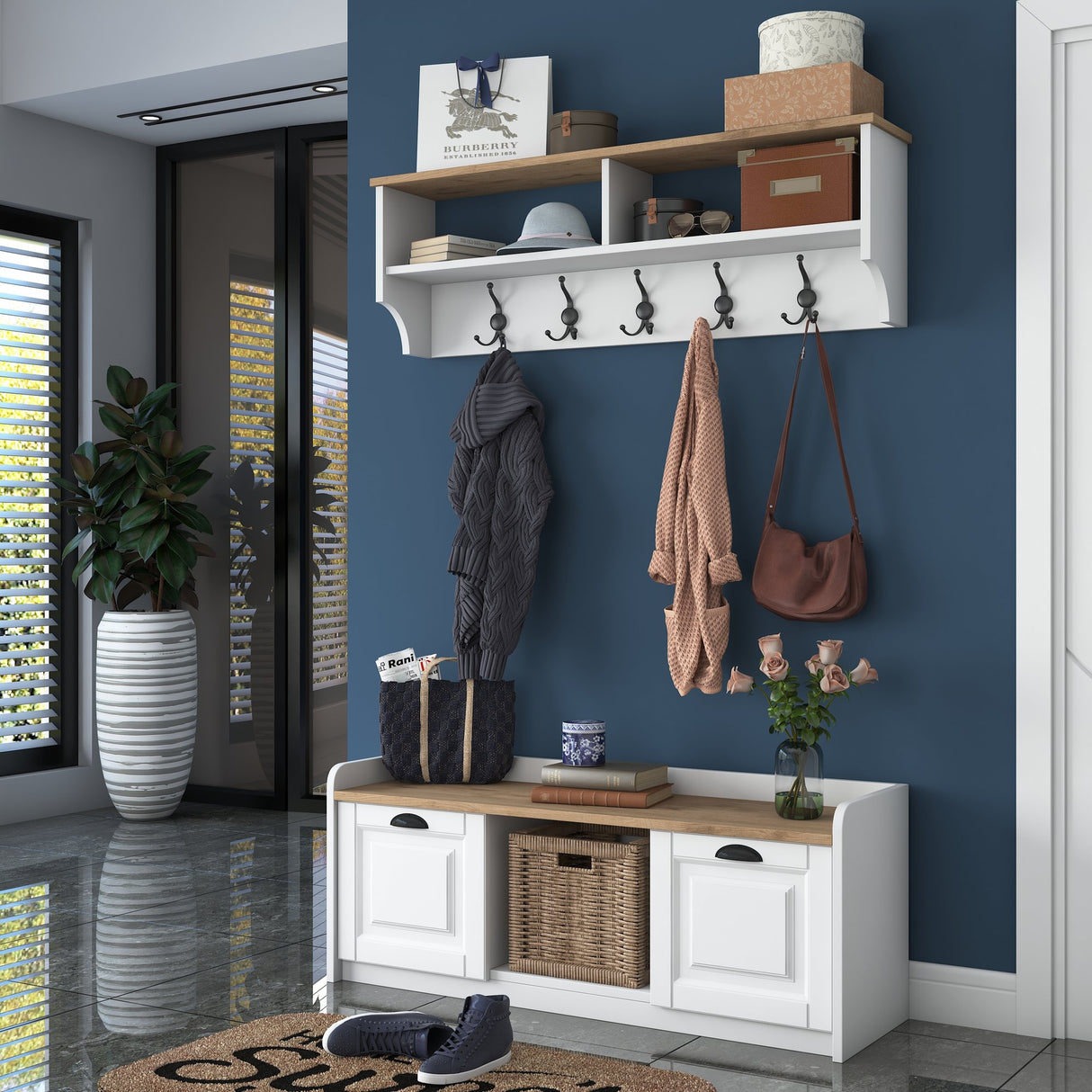 Möbelset Garderobe - Schuhschrank - Weiß-Walnuss Melamin