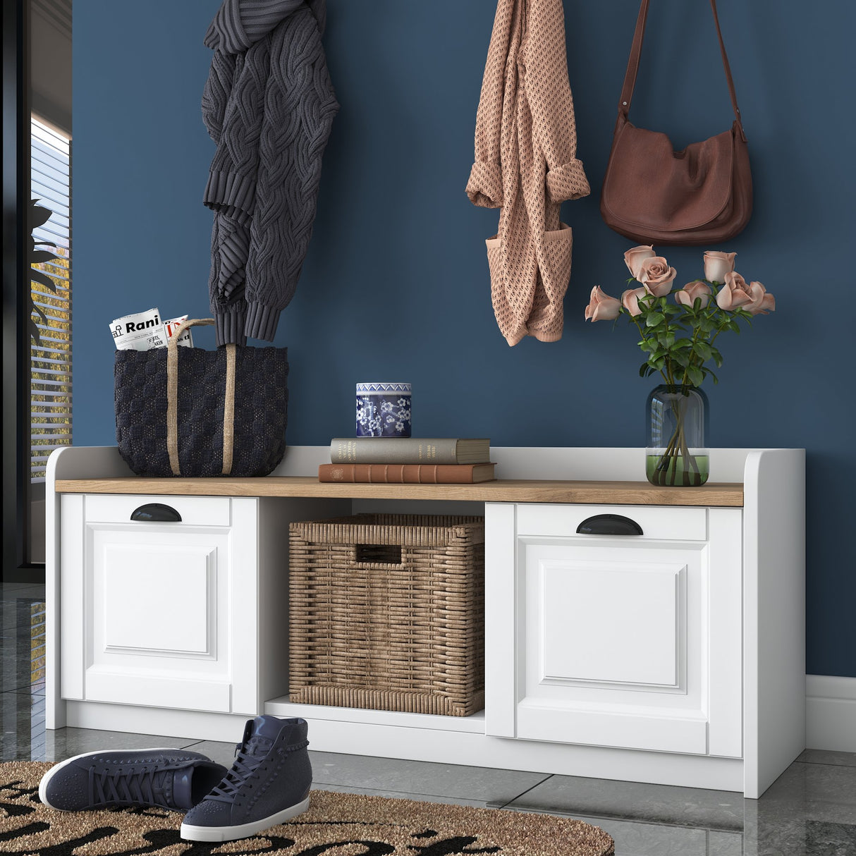 Möbelset Garderobe - Schuhschrank - Weiß-Walnuss Melamin