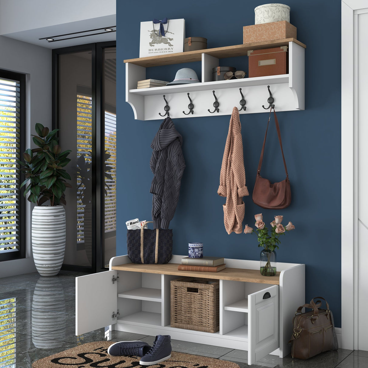 Möbelset Garderobe - Schuhschrank - Weiß-Walnuss Melamin