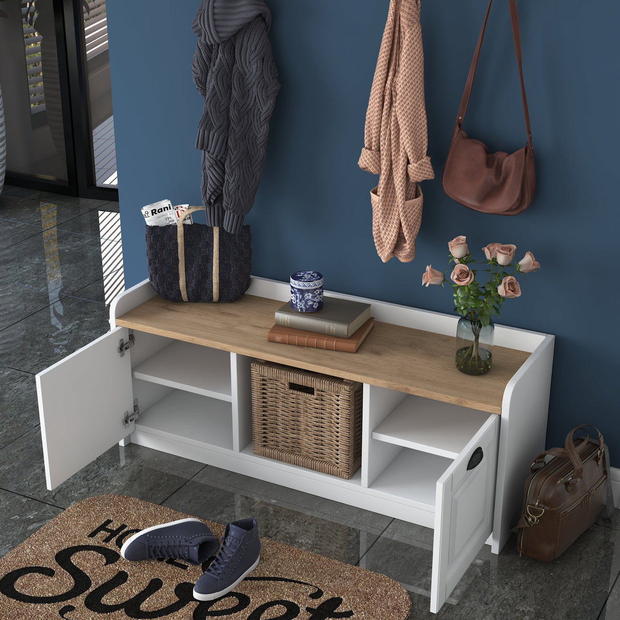 Möbelset Garderobe - Schuhschrank - Weiß-Walnuss Melamin