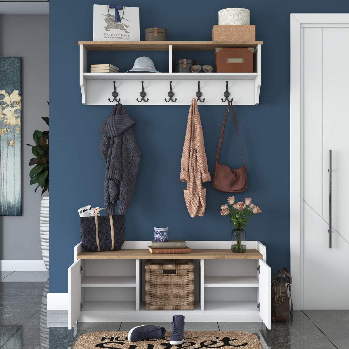 Möbelset Garderobe - Schuhschrank - Weiß-Walnuss Melamin