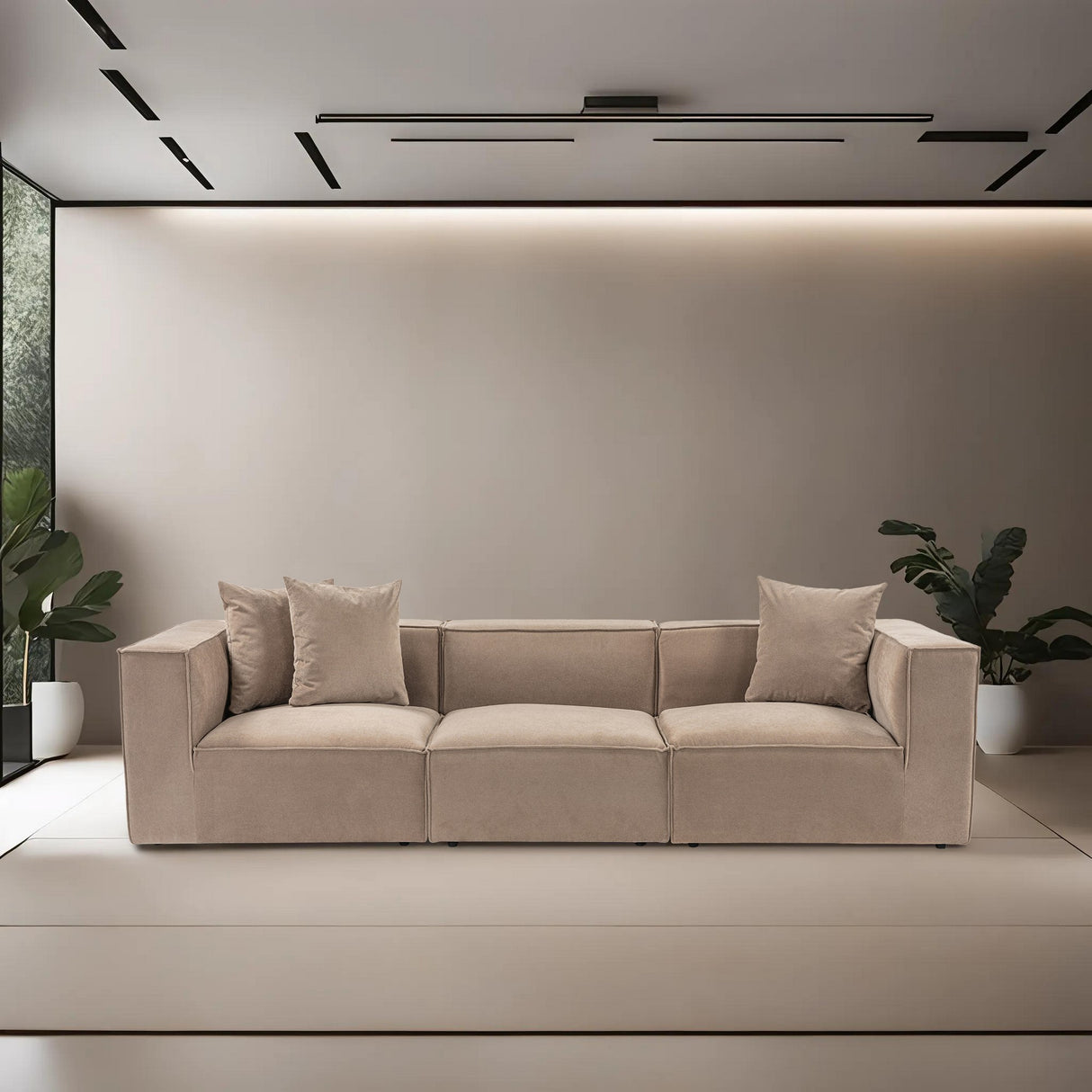 Modulares XXL 3-Sitzer-Sofa Sora 325 cm breit in Cappuccino-Leinen