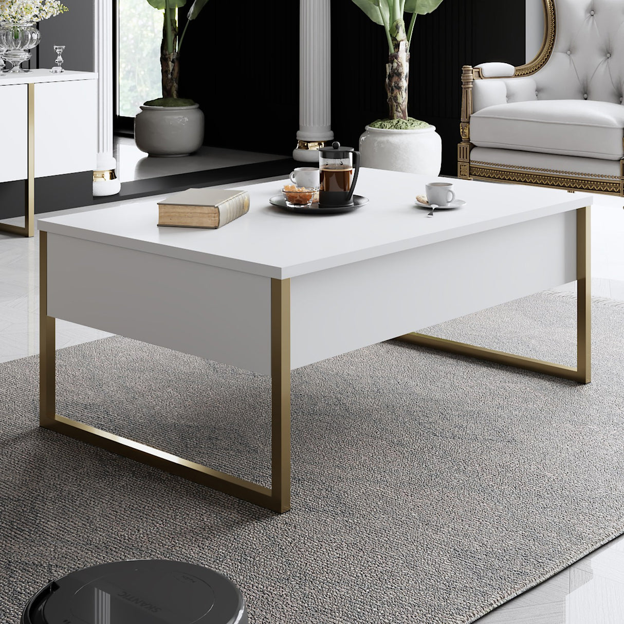 Rechteckiger Couchtisch Weiß Luxus 90x60 - Goldener Rahmen
