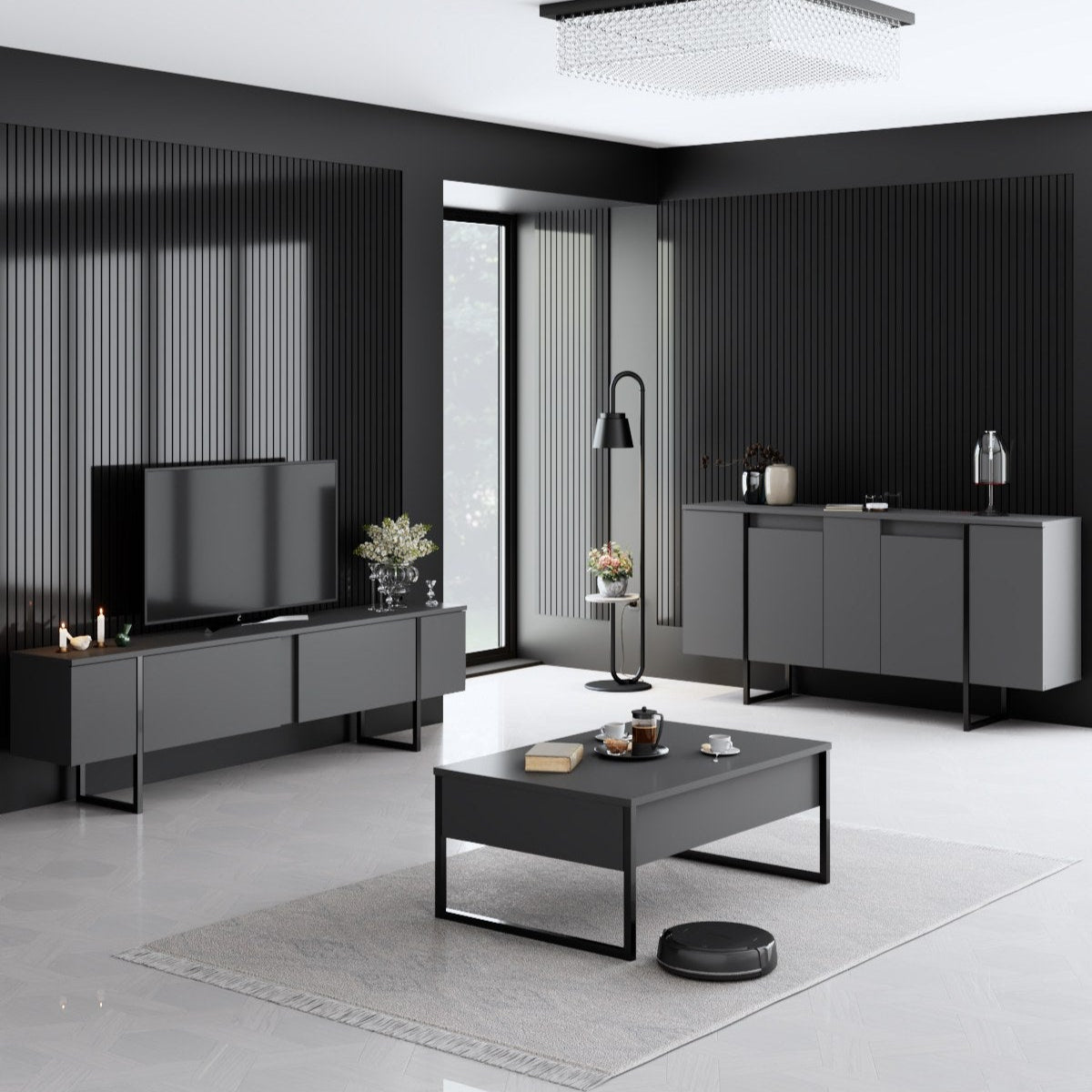 Möbelset Anthrazit Luxus - Couchtisch + TV-Schrank + Sideboard - Schwarzer Rahmen