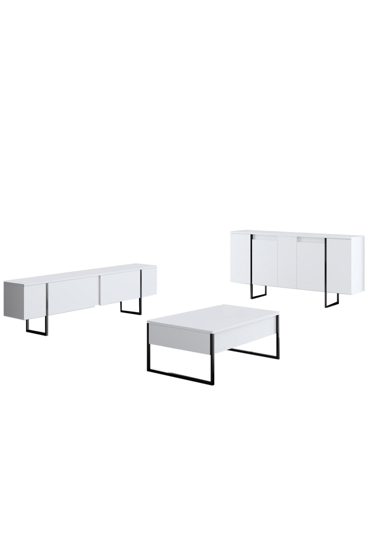 Möbelset White Luxury - Couchtisch + TV-Schrank + Sideboard - Schwarzer Rahmen