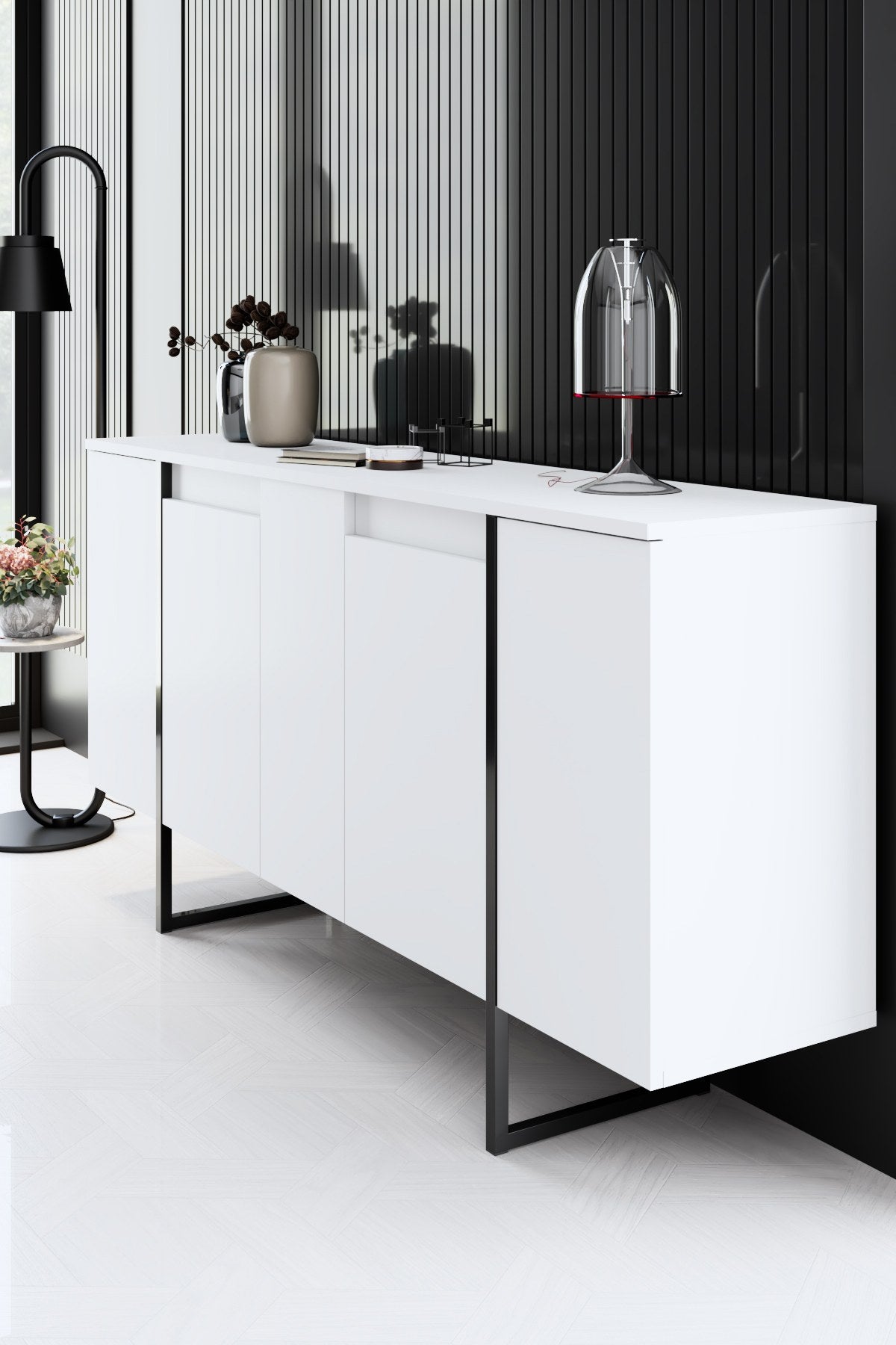 Möbelset White Luxury - Couchtisch + TV-Schrank + Sideboard - Schwarzer Rahmen