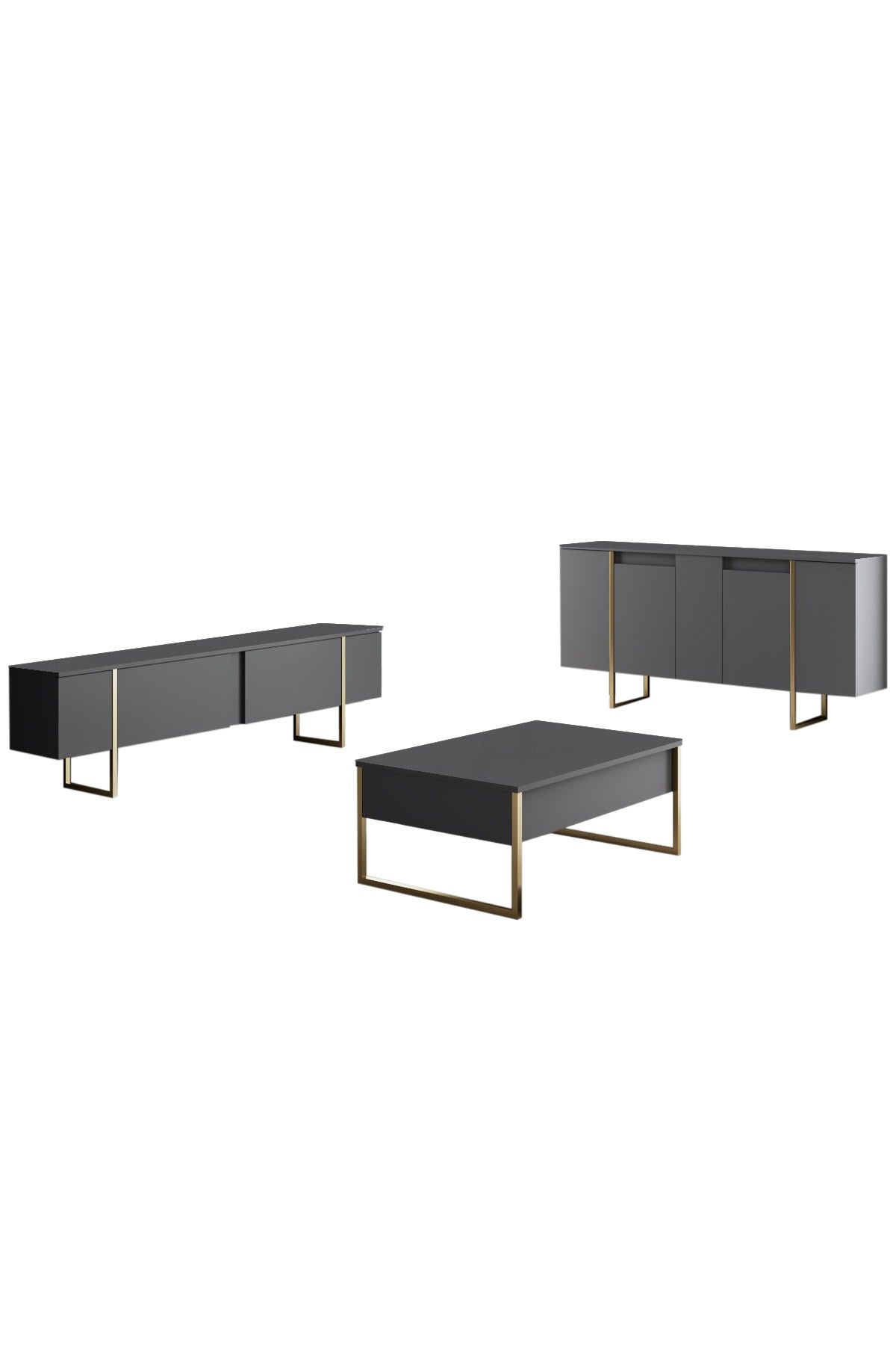 Möbelset Anthrazit Luxus - Couchtisch + TV-Schrank + Sideboard - Goldener Rahmen