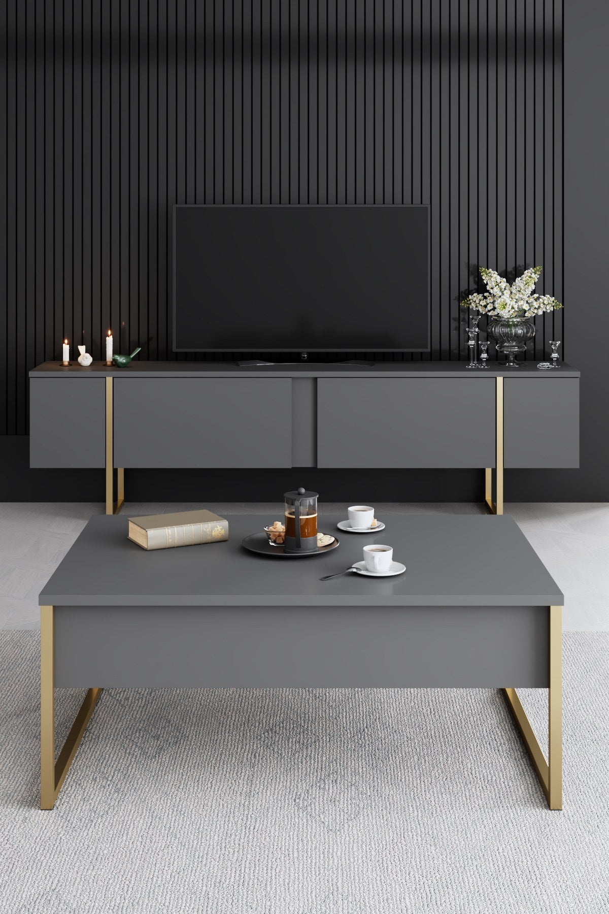 Möbelset Anthrazit Luxus - Couchtisch + TV-Schrank + Sideboard - Goldener Rahmen