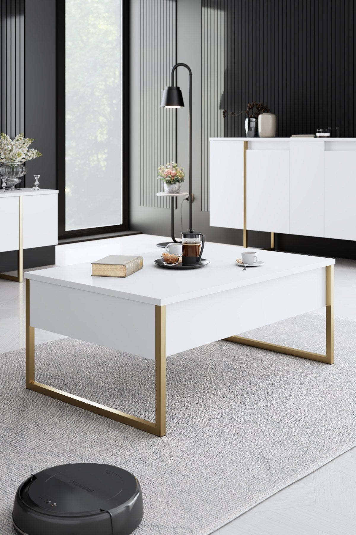Möbelset White Luxury - Couchtisch + TV-Schrank + Sideboard - Goldener Rahmen