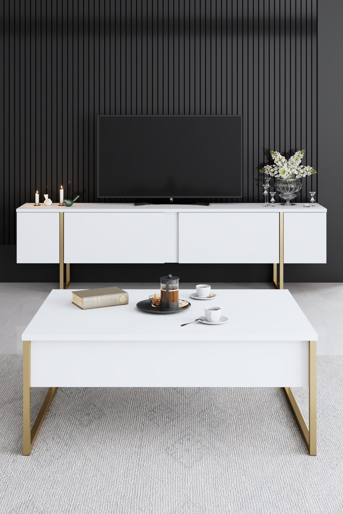 Möbelset White Luxury - Couchtisch + TV-Schrank + Sideboard - Goldener Rahmen