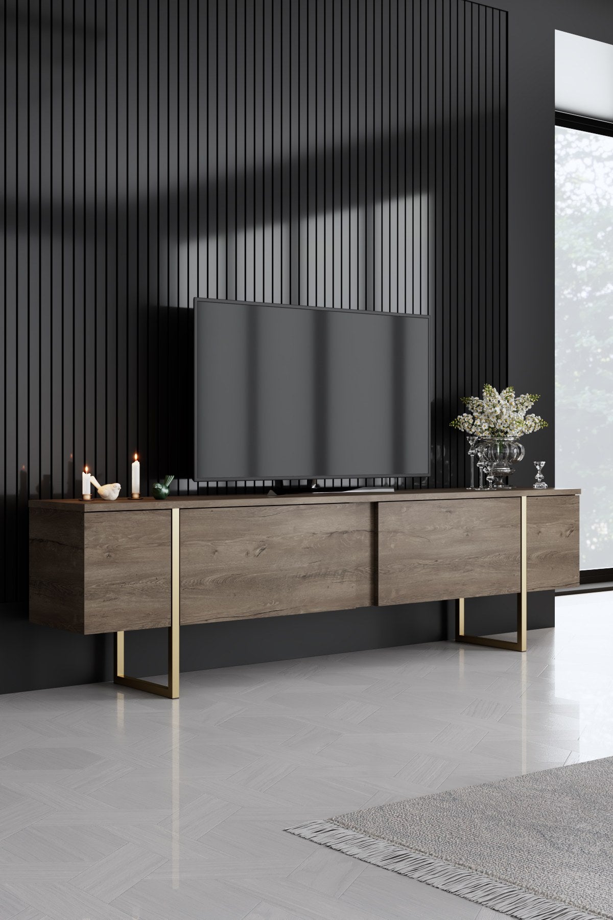 Meubelsets - Meubelset Walnoot Luxe - Salontafel + TV Meubel + Dressoir - Gouden Frame - Dimehouse