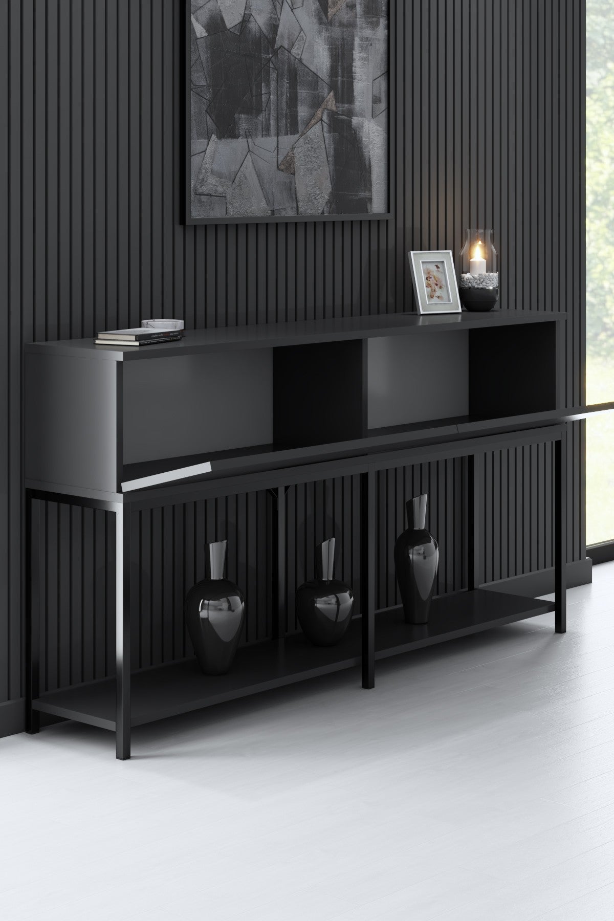 Modern Sideboard Anthrazit Lord 150x30x80 - Schwarzer Rahmen - Zwei Fächer