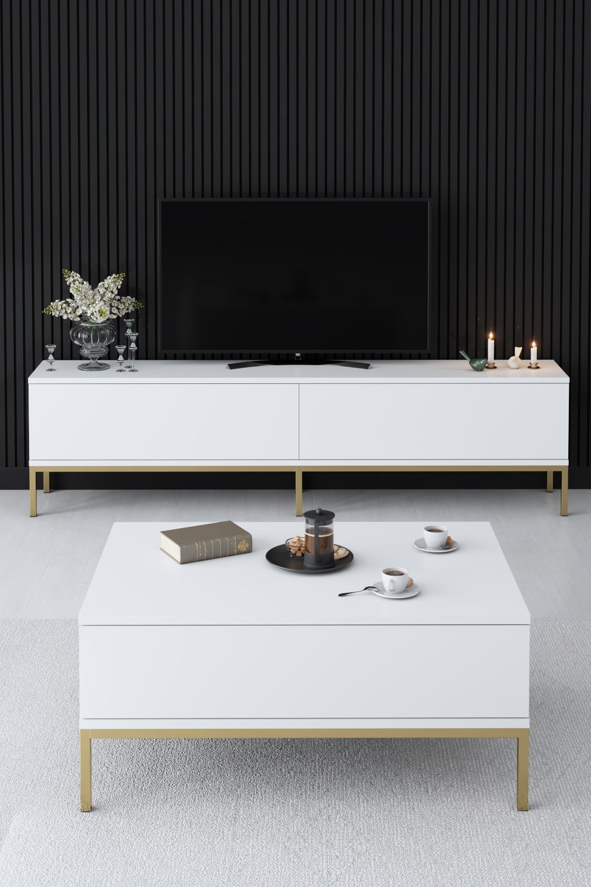Rechteckiger Couchtisch Weiß Lord 90x60 - Goldener Rahmen