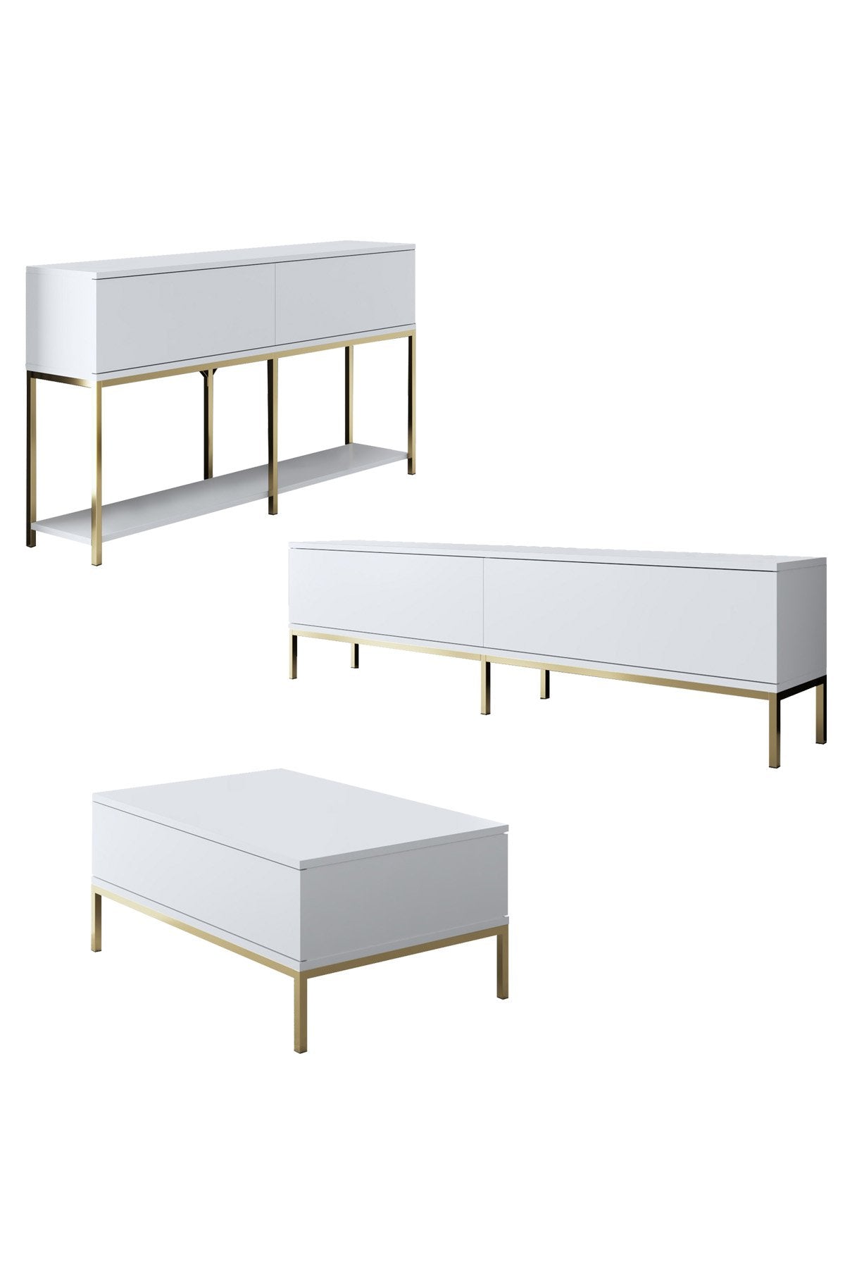 Möbelset White Lord - Couchtisch + TV-Schrank + Sideboard - Goldener Rahmen
