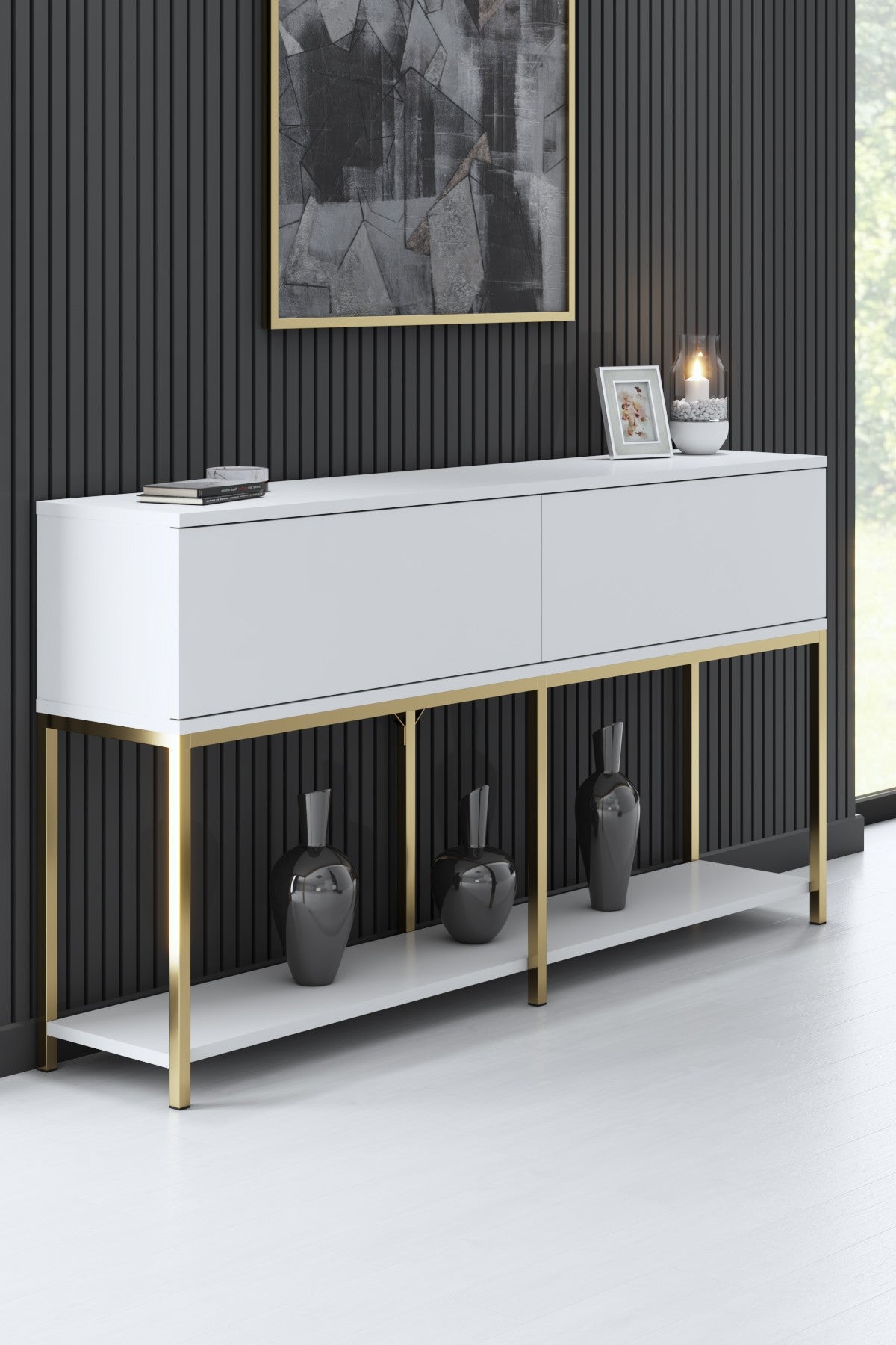 Möbelset White Lord - Couchtisch + TV-Schrank + Sideboard - Goldener Rahmen