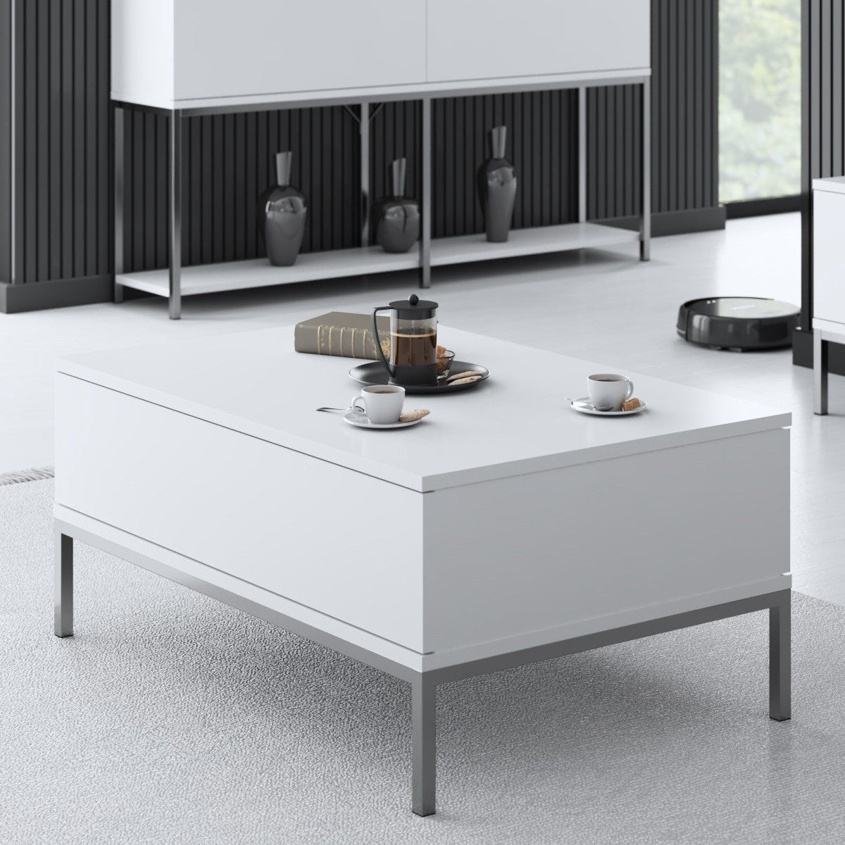 Rechteckiger Couchtisch Weiß Lord 90x60 - Silbernes Gestell