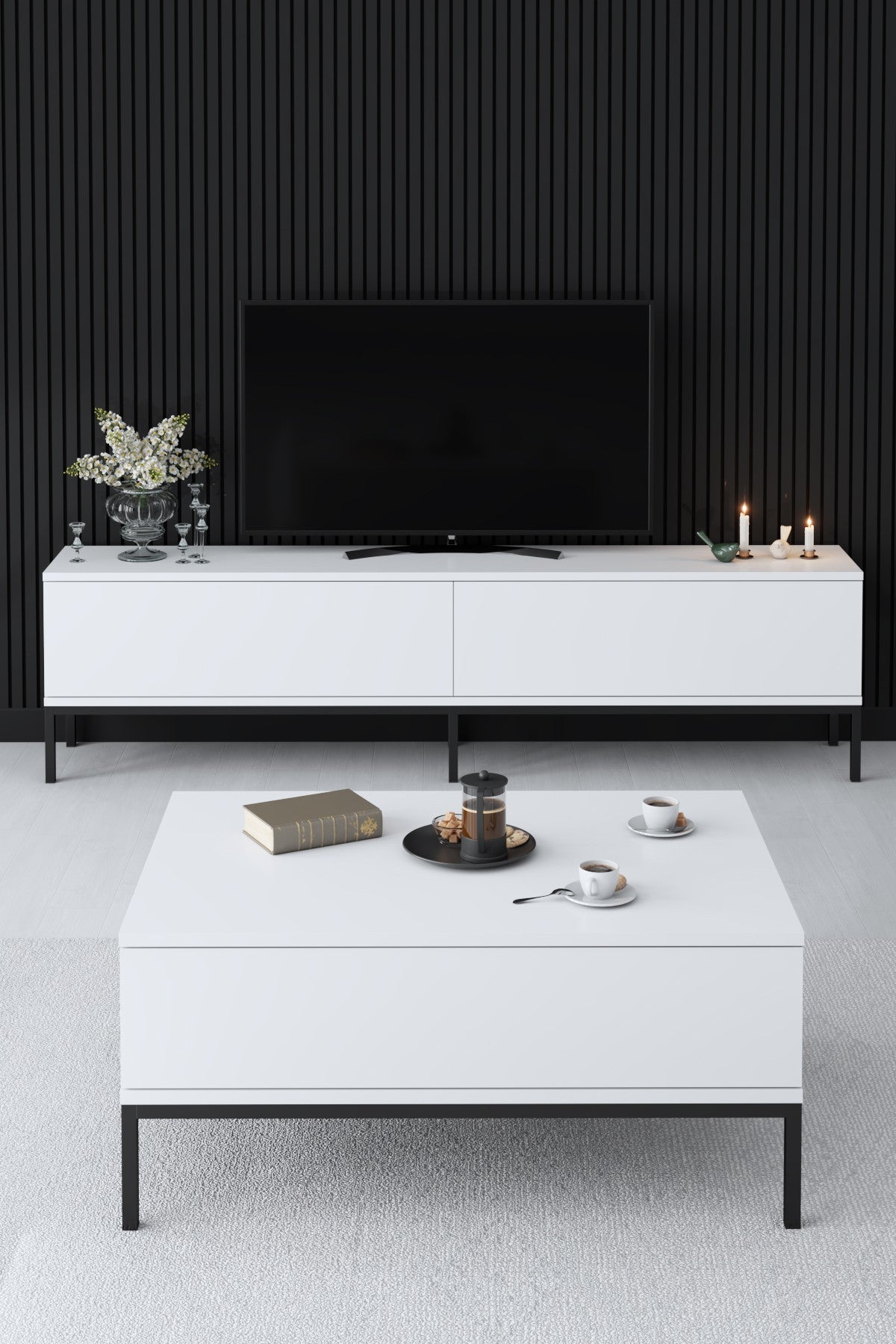 Möbelset White Lord - Couchtisch + TV-Schrank + Sideboard - Schwarzer Rahmen