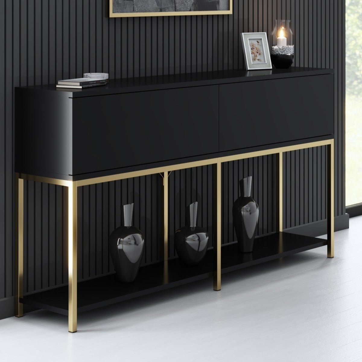 Moderne Kommode Black Lord 150x30x80 - Goldener Rahmen - Zwei Fächer