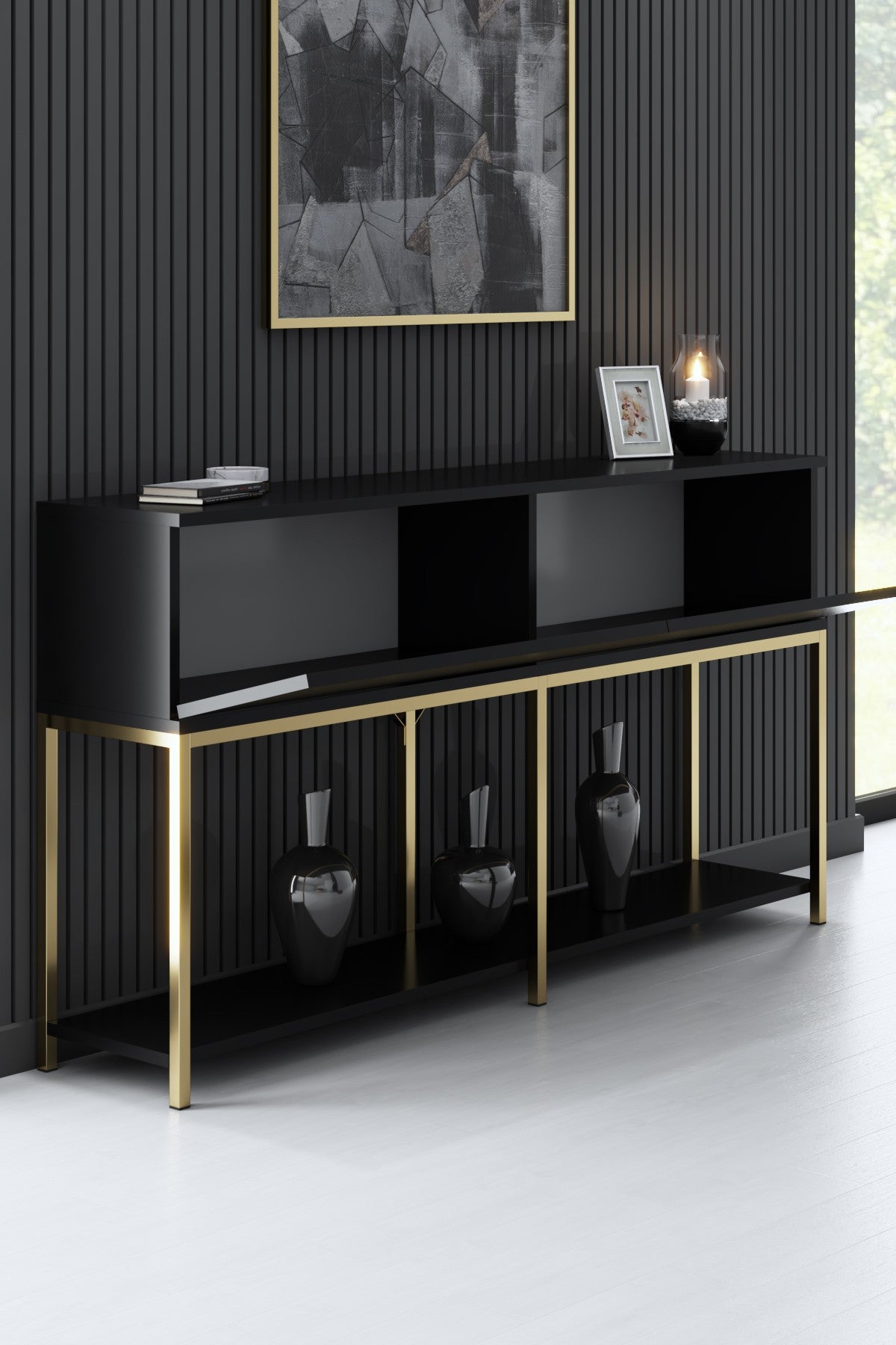 Moderne Kommode Black Lord 150x30x80 - Goldener Rahmen - Zwei Fächer