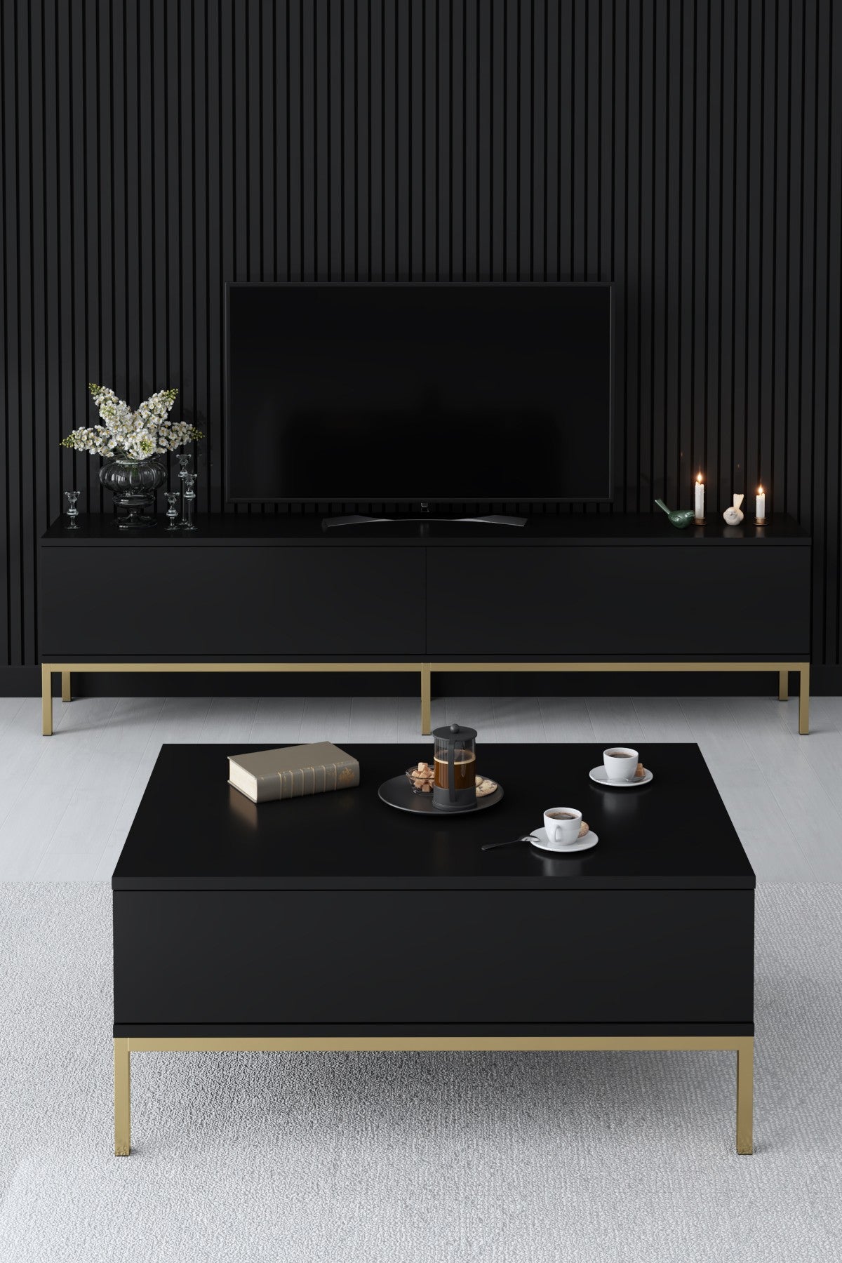 Möbelset Black Lord - Couchtisch + TV-Schrank + Sideboard - Goldener Rahmen