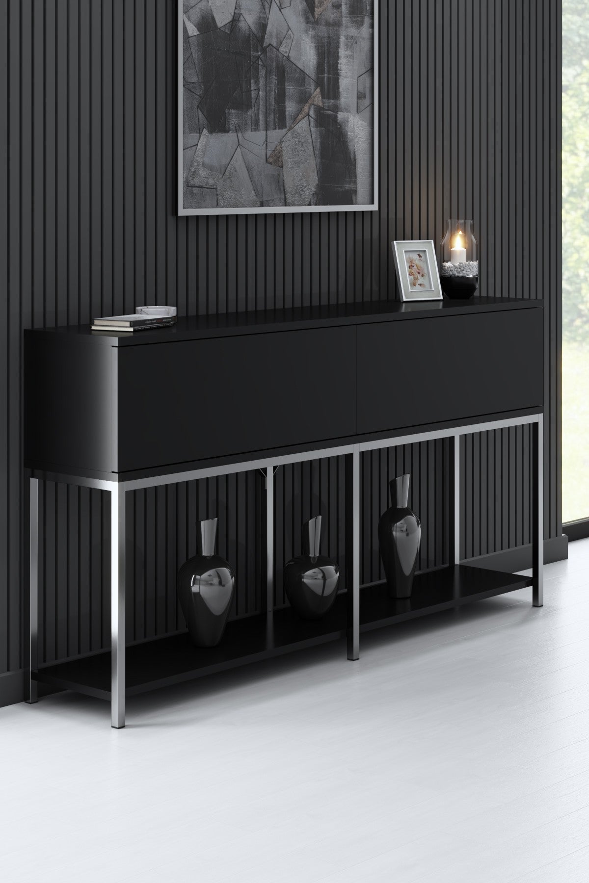 Möbelset Black Lord - Couchtisch + TV-Schrank + Sideboard - Silberrahmen