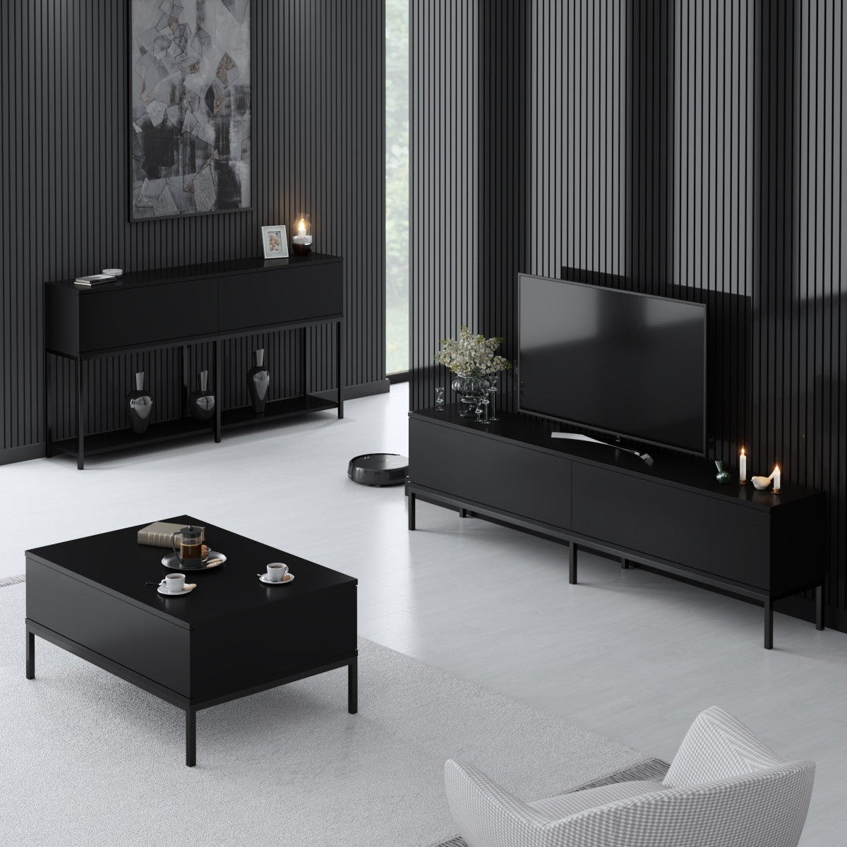 Möbelset Black Lord - Couchtisch + TV-Schrank + Sideboard - Schwarzer Rahmen