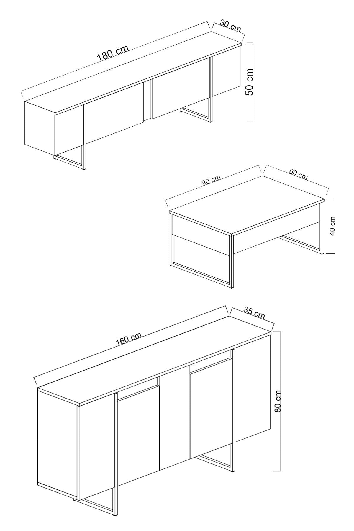 Möbelset Anthrazit Luxus - Couchtisch + TV-Schrank + Sideboard - Silberner Rahmen