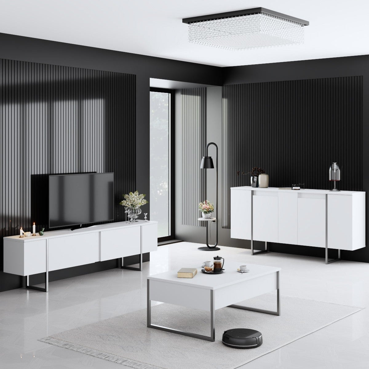 Möbelset Weiß Luxus - Couchtisch + TV-Schrank + Kommode Luxus - Silberner Rahmen