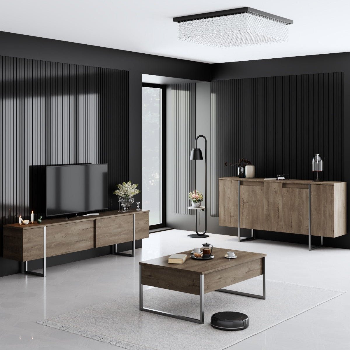 Luxus-Möbelset aus Walnussholz – Couchtisch + TV-Schrank + Sideboard – Silberner Rahmen