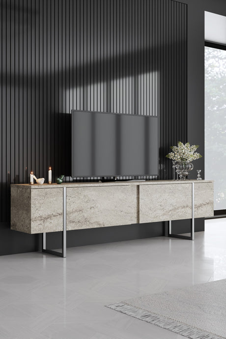 Travertin Luxus-Möbelset - Couchtisch + TV-Schrank + Sideboard - Silberner Rahmen