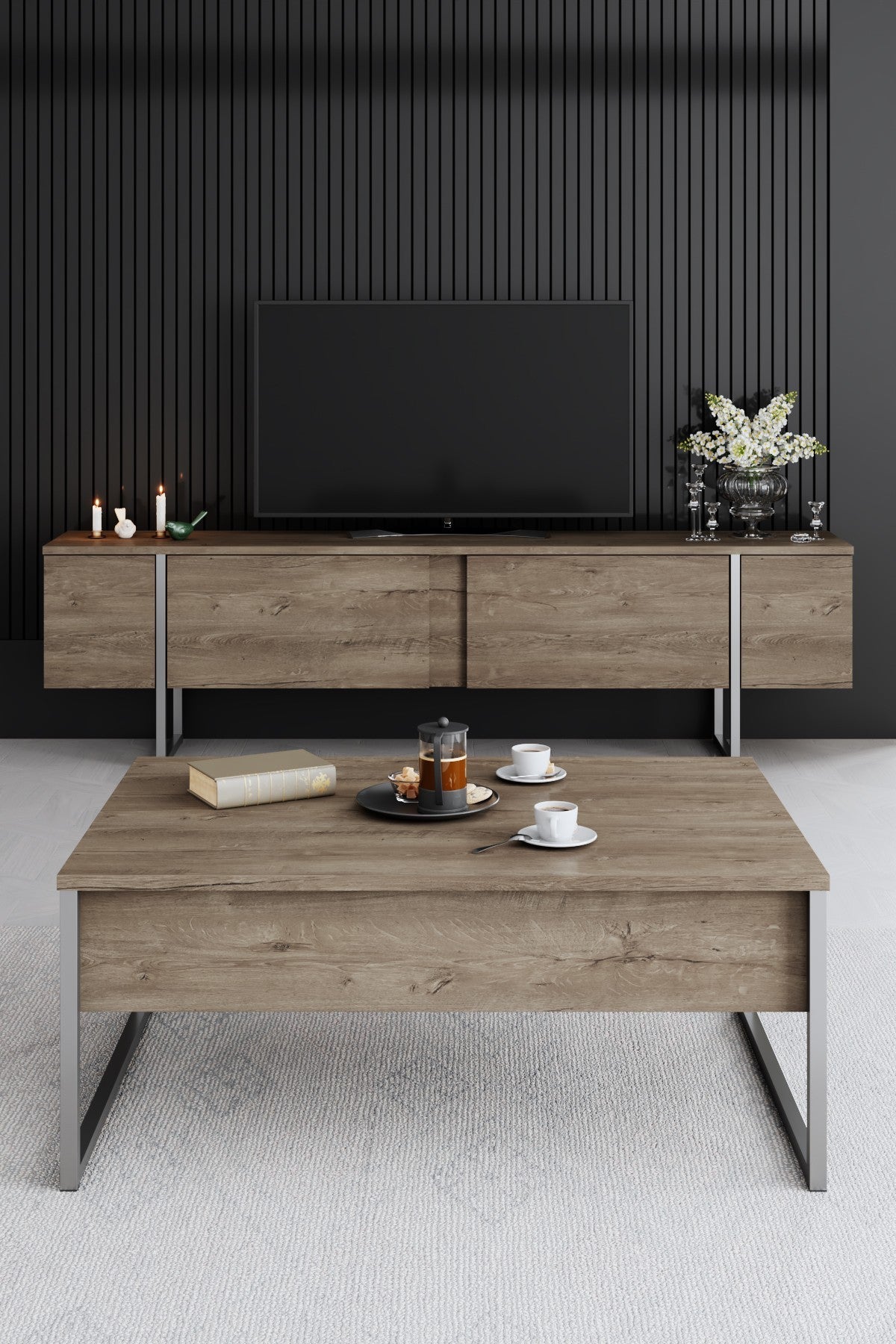 Rechteckiger Couchtisch Walnuss Luxus 90x60 - Silbernes Gestell