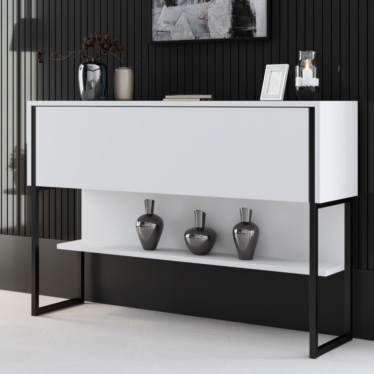 Modernes Sideboard Weiß Luxus 120x80x30 - Schwarzes Gestell - Ein Fach