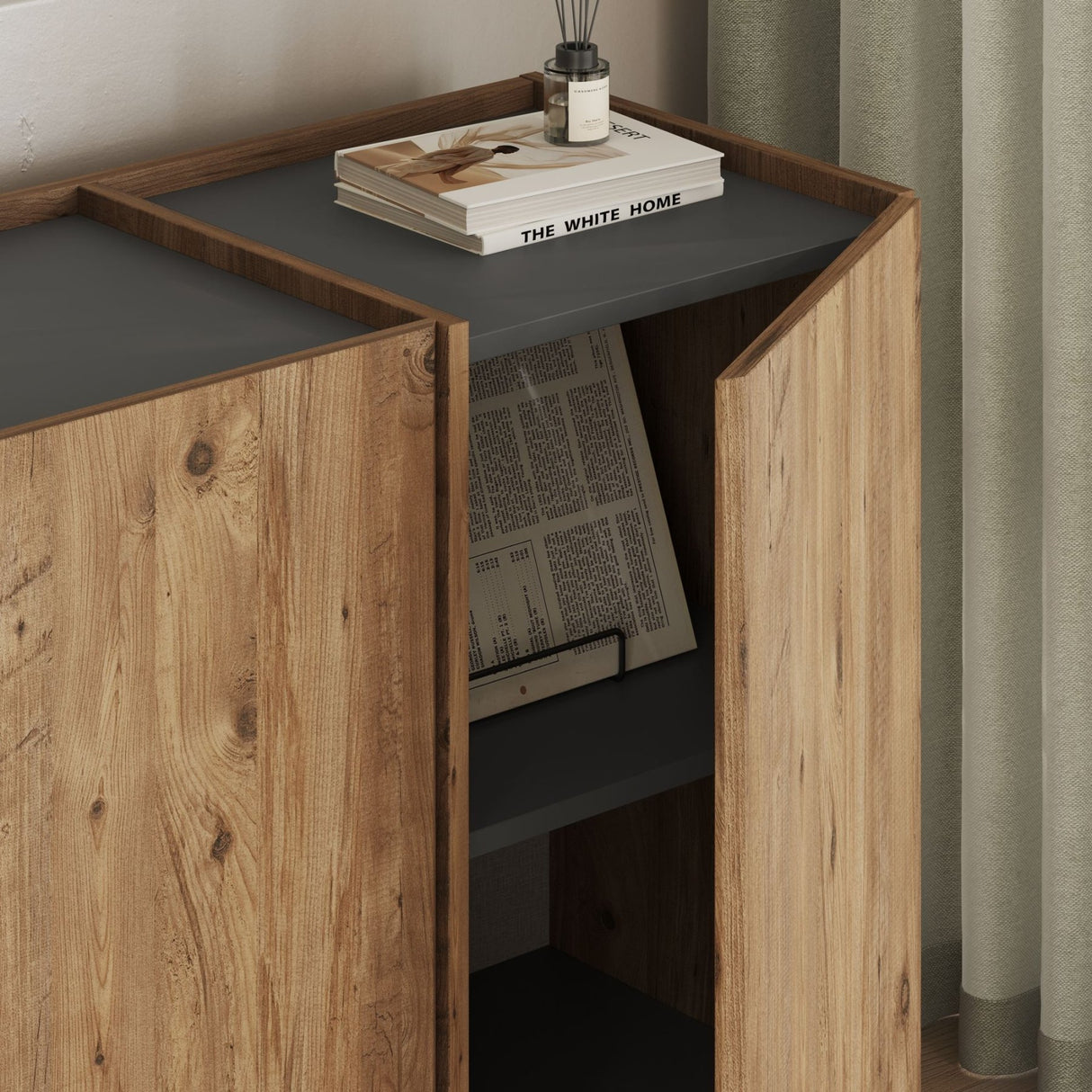 Dorma Beistelltisch in Eichenoptik 180 cm, Atlantische Kiefer und anthrazitfarbenes, melaminbeschichtetes Holz