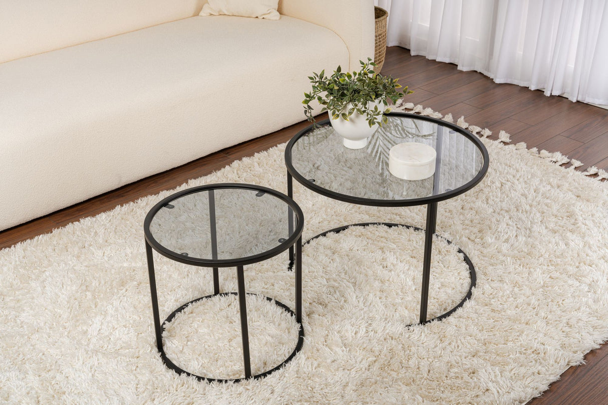 Couchtischset von 2 Rund Glas - Schwarzes Gestell - 60, 42 cm
