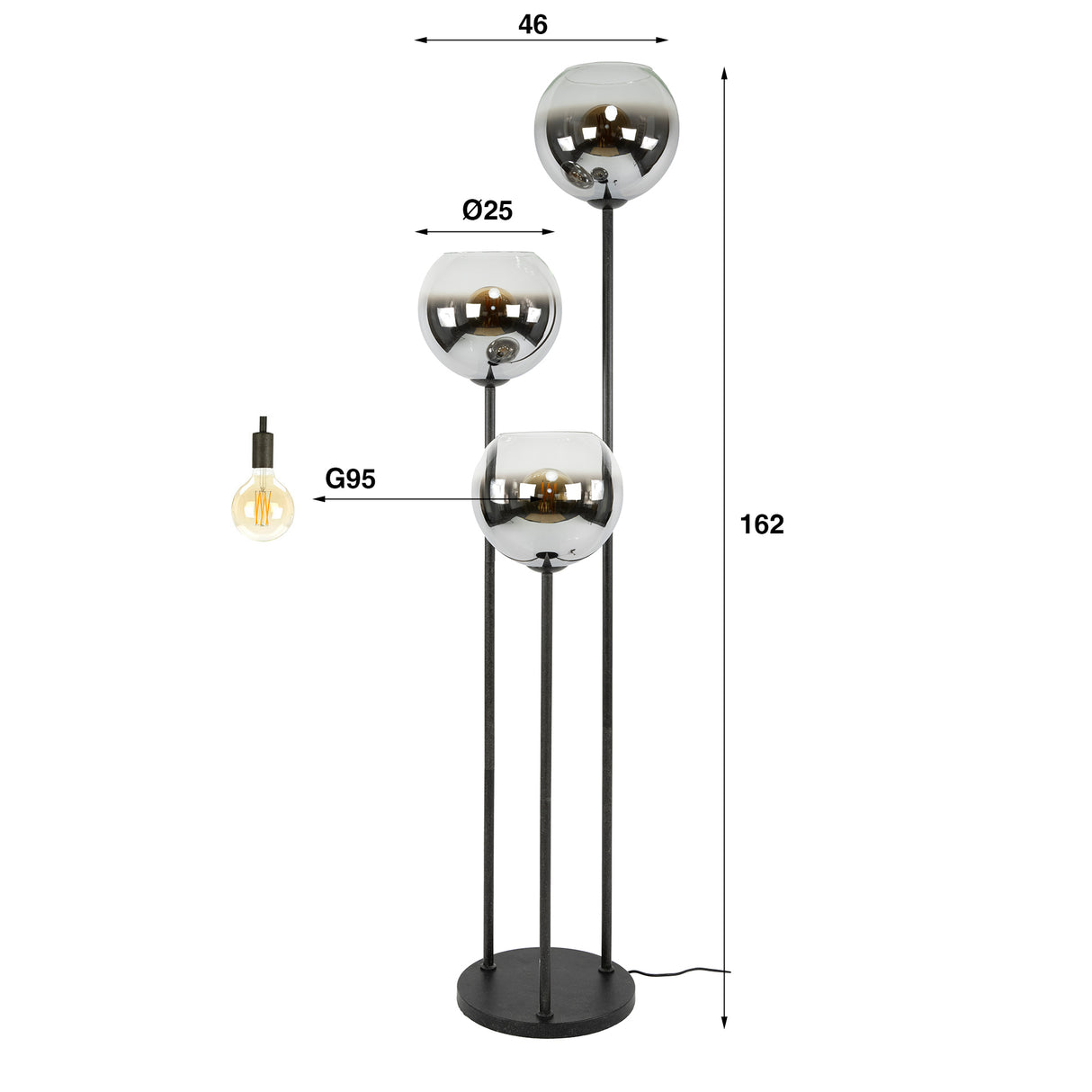 Bodenlampe Nova 3-Licht schwarz mit Metallschirm