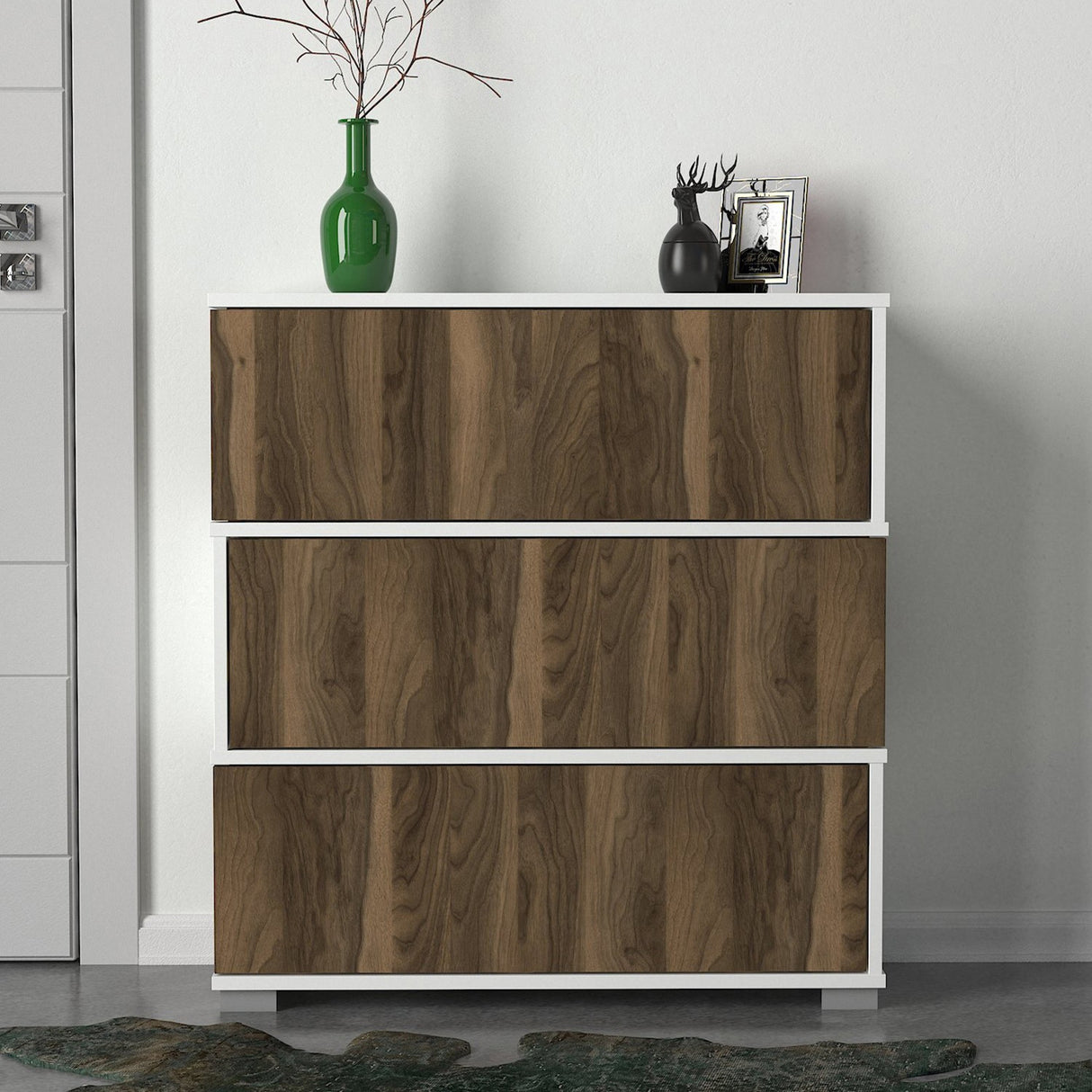 Schuhschrank Napolyon Weiß Walnuss Melamin 90x93x30 cm